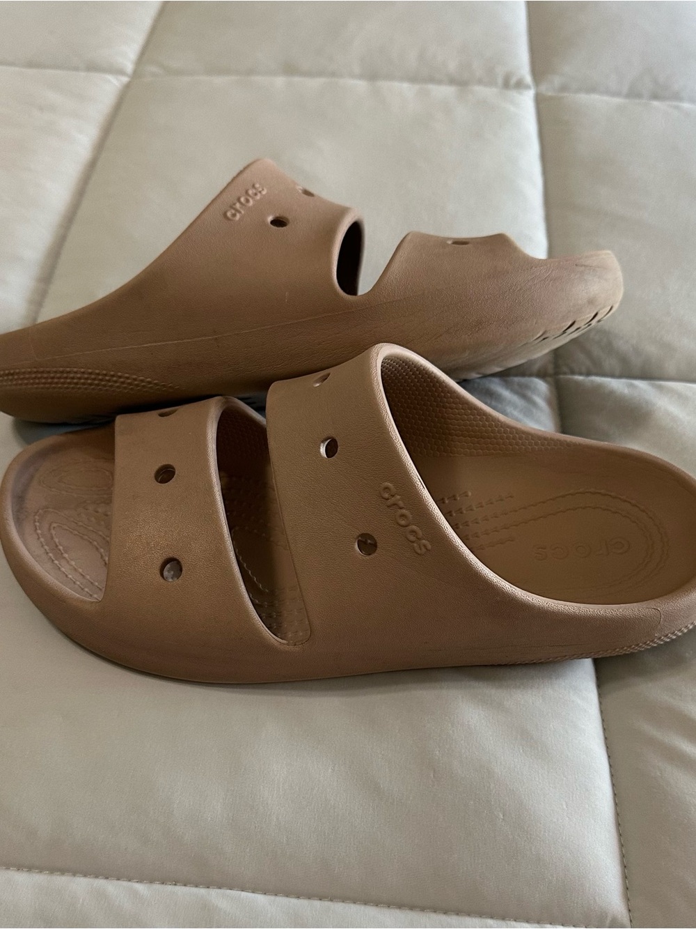 CROCS Dual-Strap Slide Sandals in Brown Tan